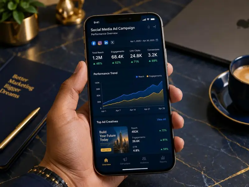 Phone showing a social media ad campaign dashboard